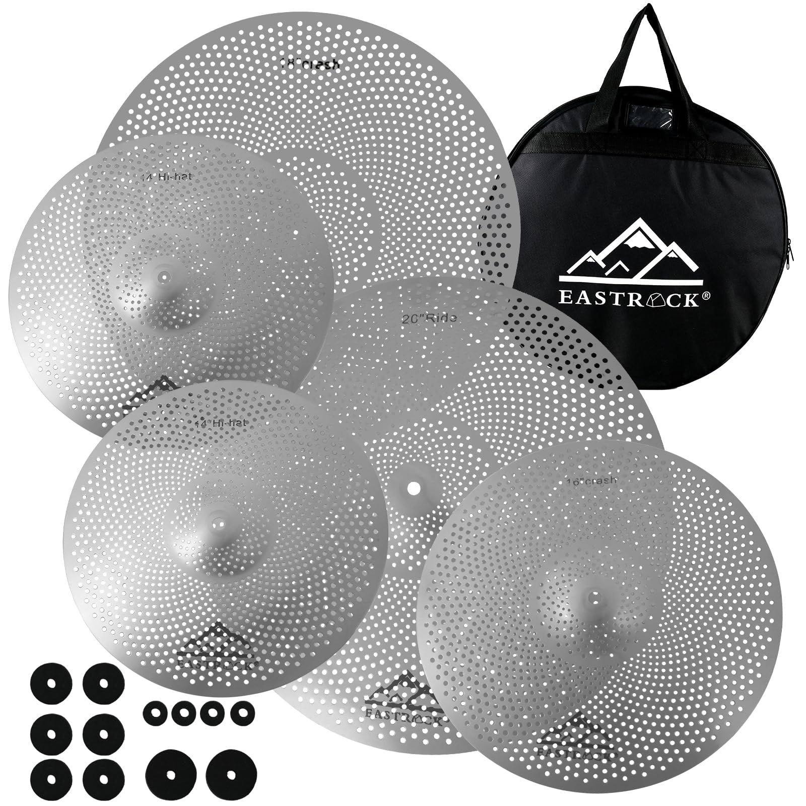 EASTROCK 5 Pieces Low Volume Cymbal Pack with Cymbal Bag and Felts,Silver | Cymb