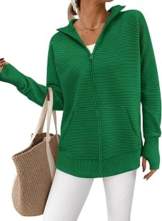 PRETTYGARDEN Autumn 2025 Women Cardigan Long Sleeve Zip Casual Sweaters Loose Collar Ribbed Tops Jackets Thumb Hole