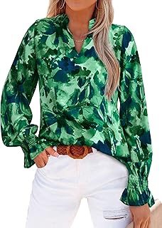 MASCOMODA Women Long Sleeve Floral V Neck Tops 2025 Summer Casual Loose Puff Sleeve Chiffon Boho Work Blouse Elegant T Shirts