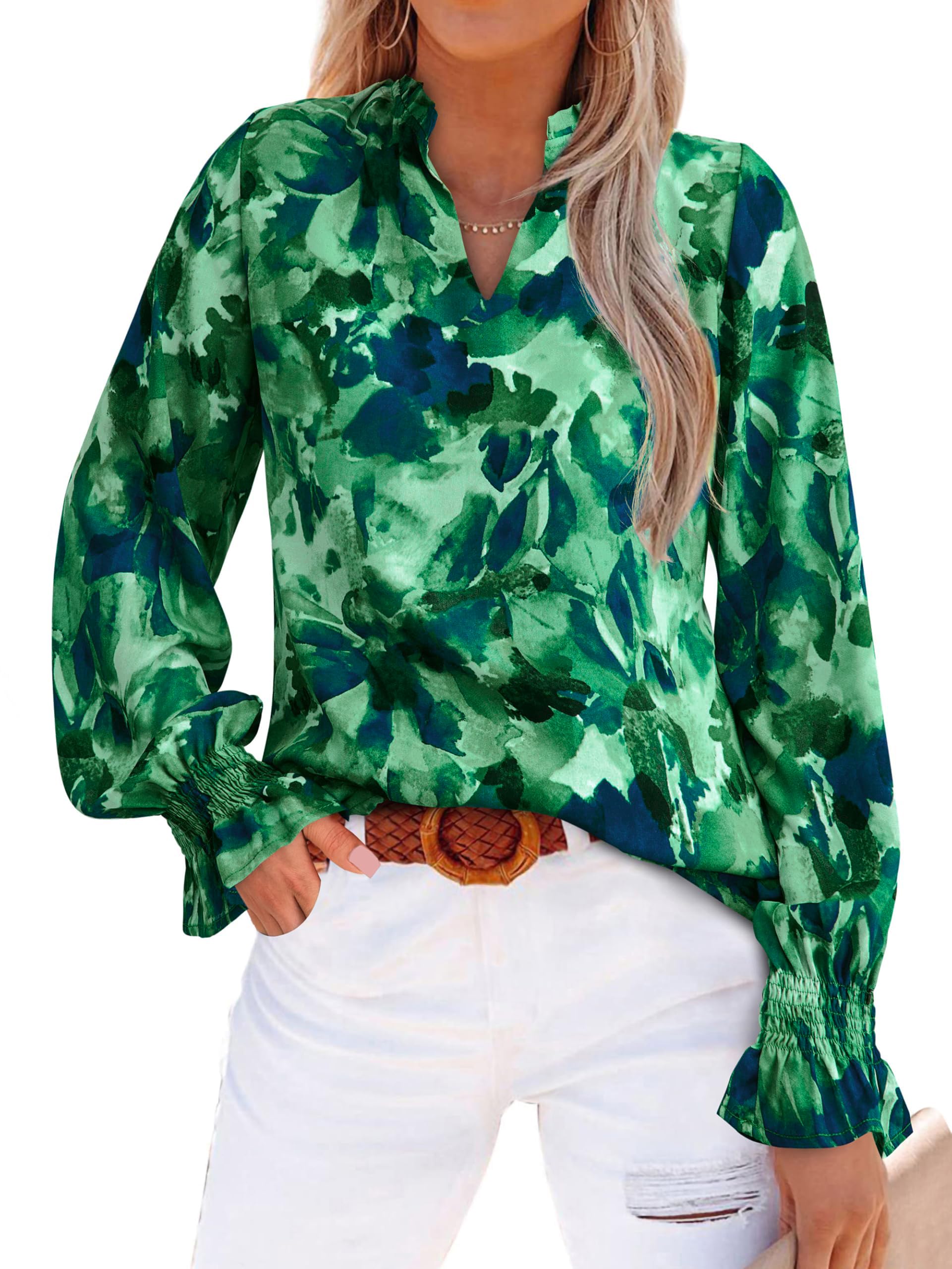 MASCOMODA Women Long Sleeve Floral V Neck Tops 2025 Summer Casual Loose Puff Sle