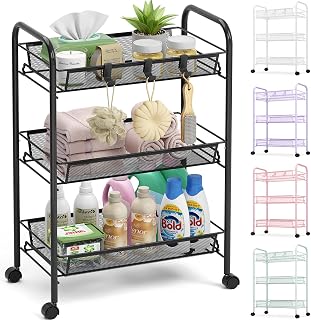 TOOLF 3 Tier Rolling Cart, Metal Utility Storage Cart with Wheels, Black | With 3 Hooks, Screwless Assembly, Lockable Wheels, Compact Design for Bathroom, Kitchen, Office, Nursery, Laundry Room