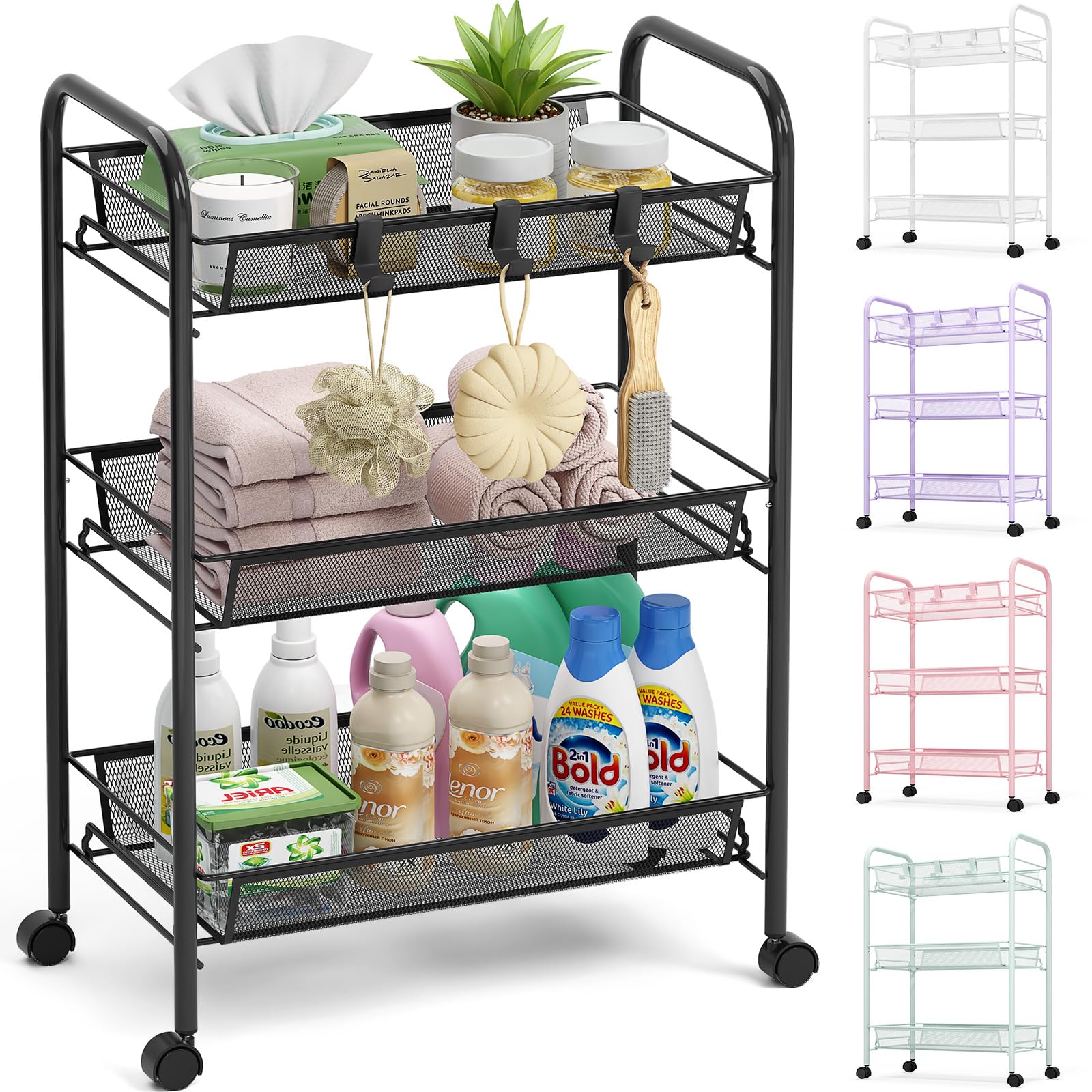 TOOLF 3 Tier Rolling Cart, Metal Utility Storage Cart with Wheels, Black | With 