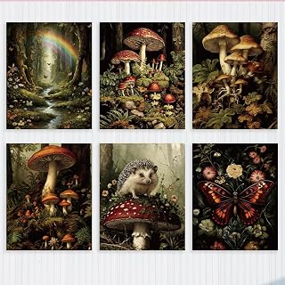 6Pcs Fairycore Dark Aesthetic Forest Mushroom Wildlife Wall Decor Unframed Art Print Wall Art for Home Living Room Bathroom Bedroom