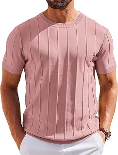 Coofandy Camisetas de Punto de Manga Corta para Hombre, Estilo Casual, Cuello Redondo, Acanalado