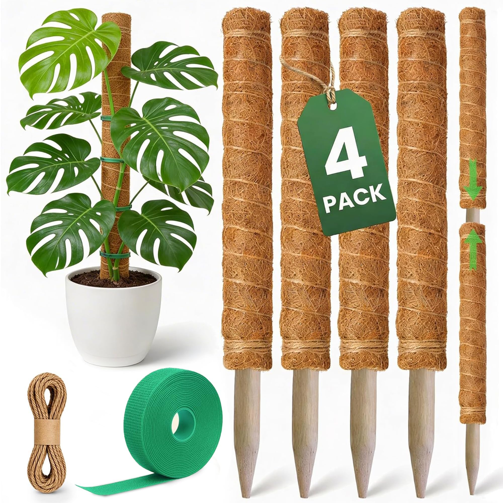 4 Pack 16" Moss Pole Monstera Plant Support - Stackable up to 48" | Plant Stakes