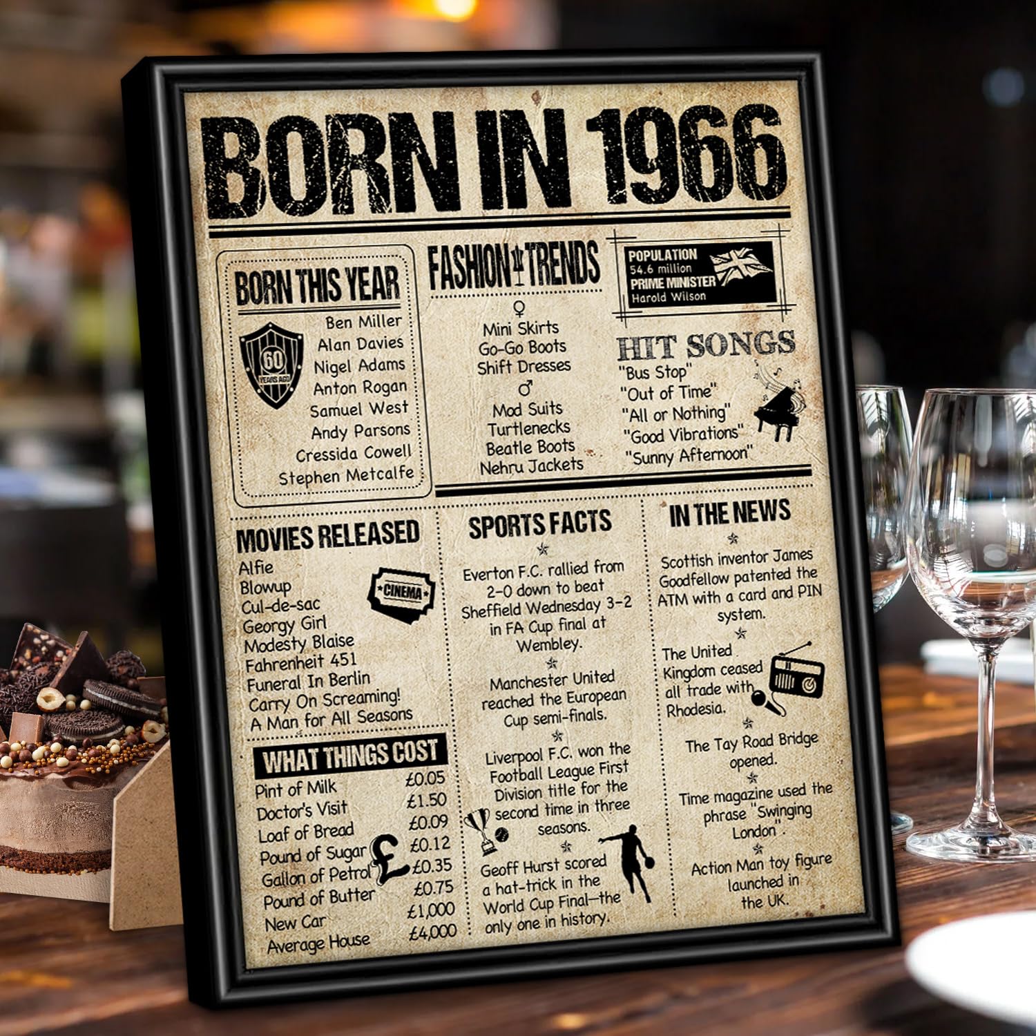 Benjia 1966 Poster Framed UK, Happy 60th Birthday Sign Card Party Decor Supplies