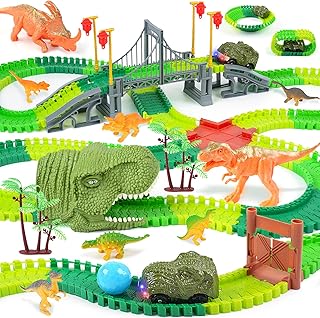 BEMITON Dinosaur Race Track Toy for Kids Ages 3-6 | Buildable Gift for Boys, Flexible Track Playset with 2 Light-Up Dino Cars, 8 Dinosaur Figures, Tunnel, Bridge & Accessories