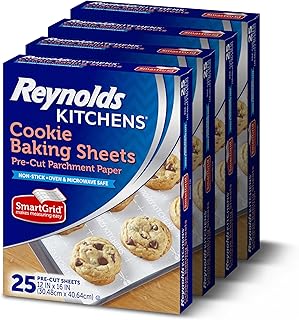 Reynolds Kitchens Parchment Baking Sheets, 25 Sheets (Pack of 4), 100 Total | Pre-cut parchment cookie baking sheets, Non-stick, Smart-grid lines for even spacing of cookies, Use up to 3 times