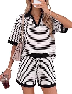 Women's 2 Piece Short Sets Striped Waffle Knit Lounge Matching Outfits