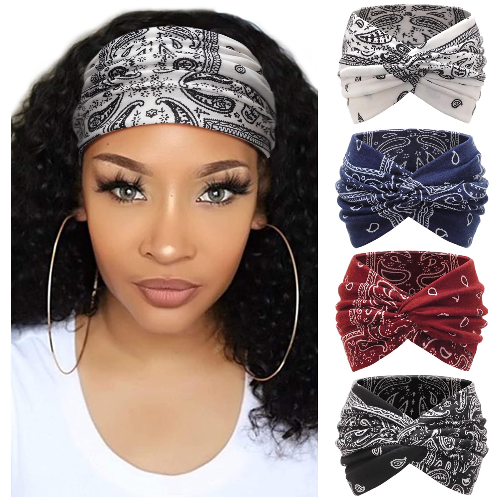 DRESHOW 4 Pieces Headband for Women Turban Bohemian Elastic Ribbon Hair Band Hea