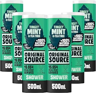 Original Source Mint & Tea Tree Shower Gel, 100 Percent Natural Fragrance, Vegan, Cruelty Free, Paraben Free, Bulk Buy, Pack of 6 x 500 ml