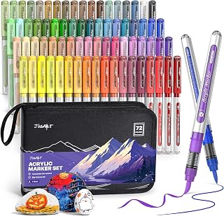 JusArt 72 Colors Acrylic Paint Markers Brush Tip, Automatic Ink Control | Water-Based Paint Pens with Canvas Bag, Vibrant Opaque Colors, No-Bleed Markers, DIY Art & Crafts -Fabric, Rock, Wood, Glass