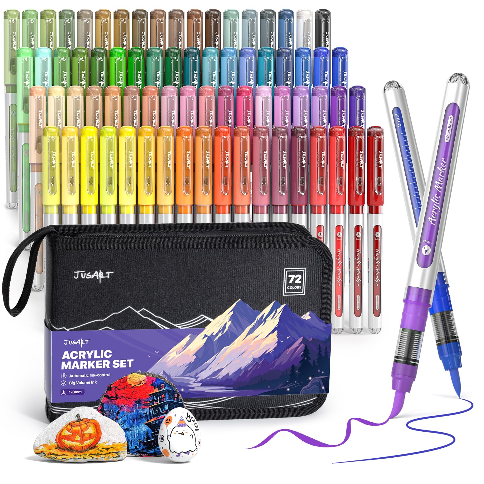 JusArt 72 Colors Acrylic Paint Markers Brush Tip, Automatic Ink Control | Water-