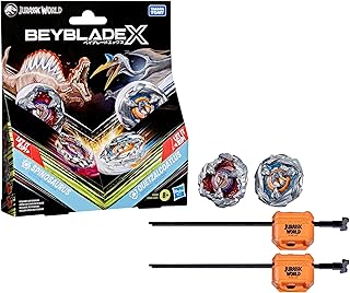 Beyblade X Jurassic World Collab Spinosaurus vs. Quetzalcoatlus Multipack Set, 2 Takara Tomy Tops, 2 launchers, Battling Tops Game, Dinosaur Toys, Ages 8+