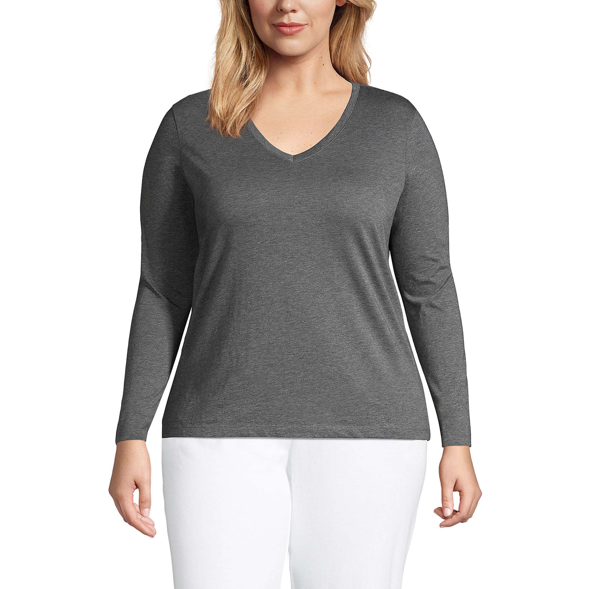Lands' End レディース リラックス スーピマ コットン 長袖 Vネック Tシャツ, 杢チャコール, X-Large Plus