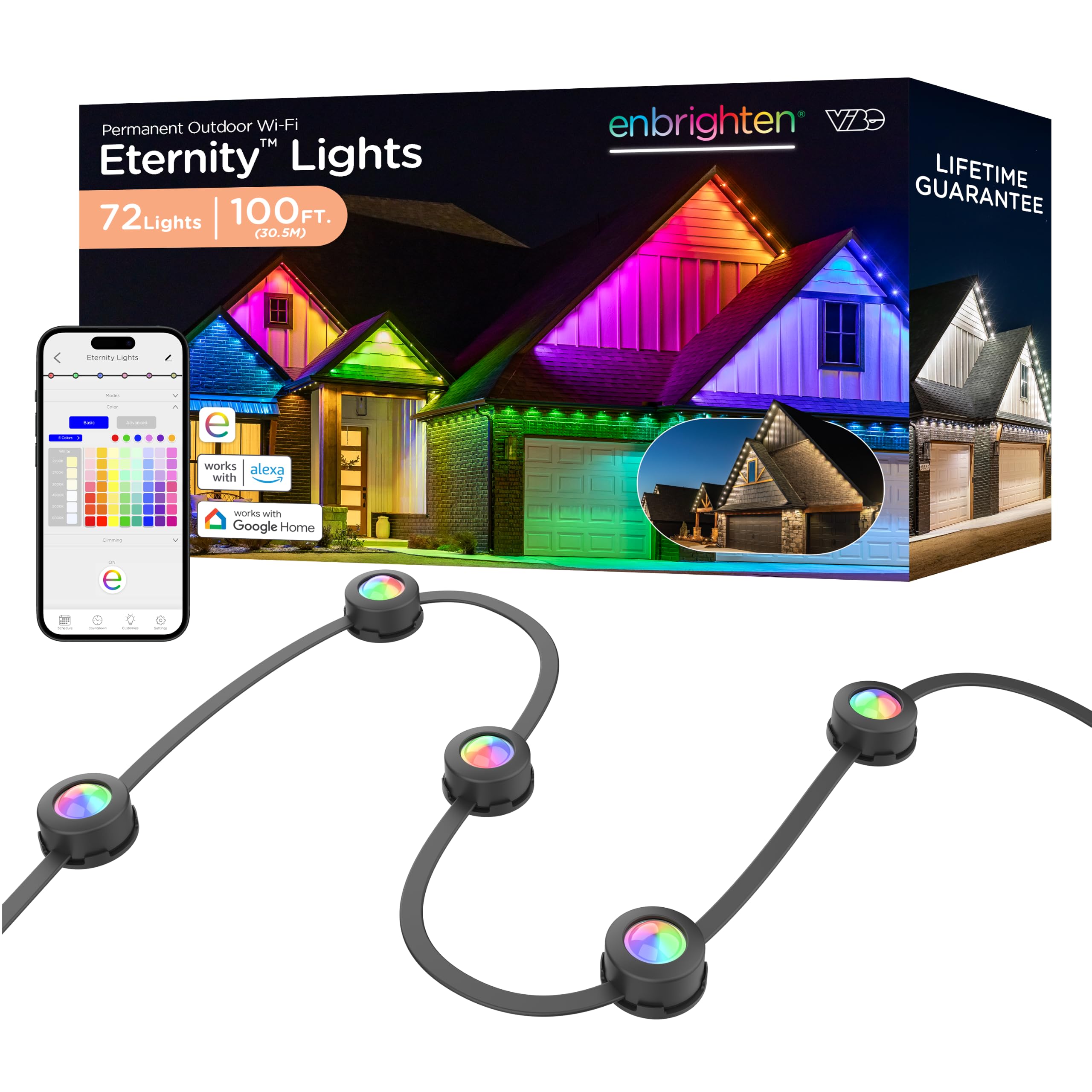 Enbrighten Eternity Permanent Outdoor Lights, 100ft, 72 Lights (Renewed) | Black