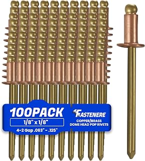 Fastenere Copper Pop Rivets - 1/8" x 1/8" (100 Pack) Copper Body Brass Mandrel, Heavy Duty, Open-End, Dome-Head Blind Rivets, Corrosion-Resistant & High Shear Strength, 4-2 Gap .063" - .125"