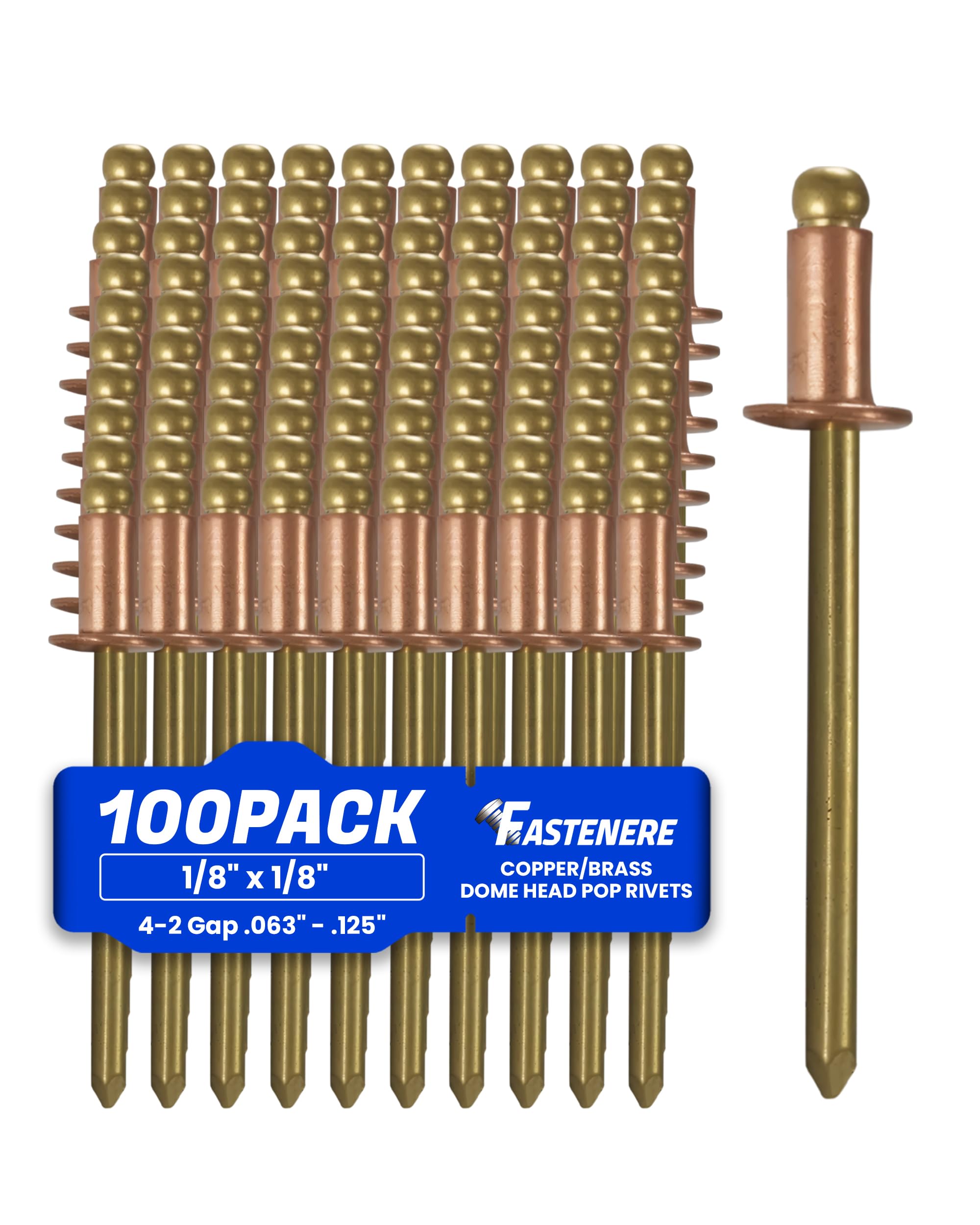 Fastenere Copper Pop Rivets - 1/8" x 1/8" (100 Pack) Copper Body Brass Mandrel, 