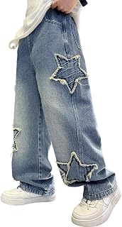 Rolanko Kids Baggy Jeans Wide Leg Elastic Waist Multi-Pockets Denim Pants