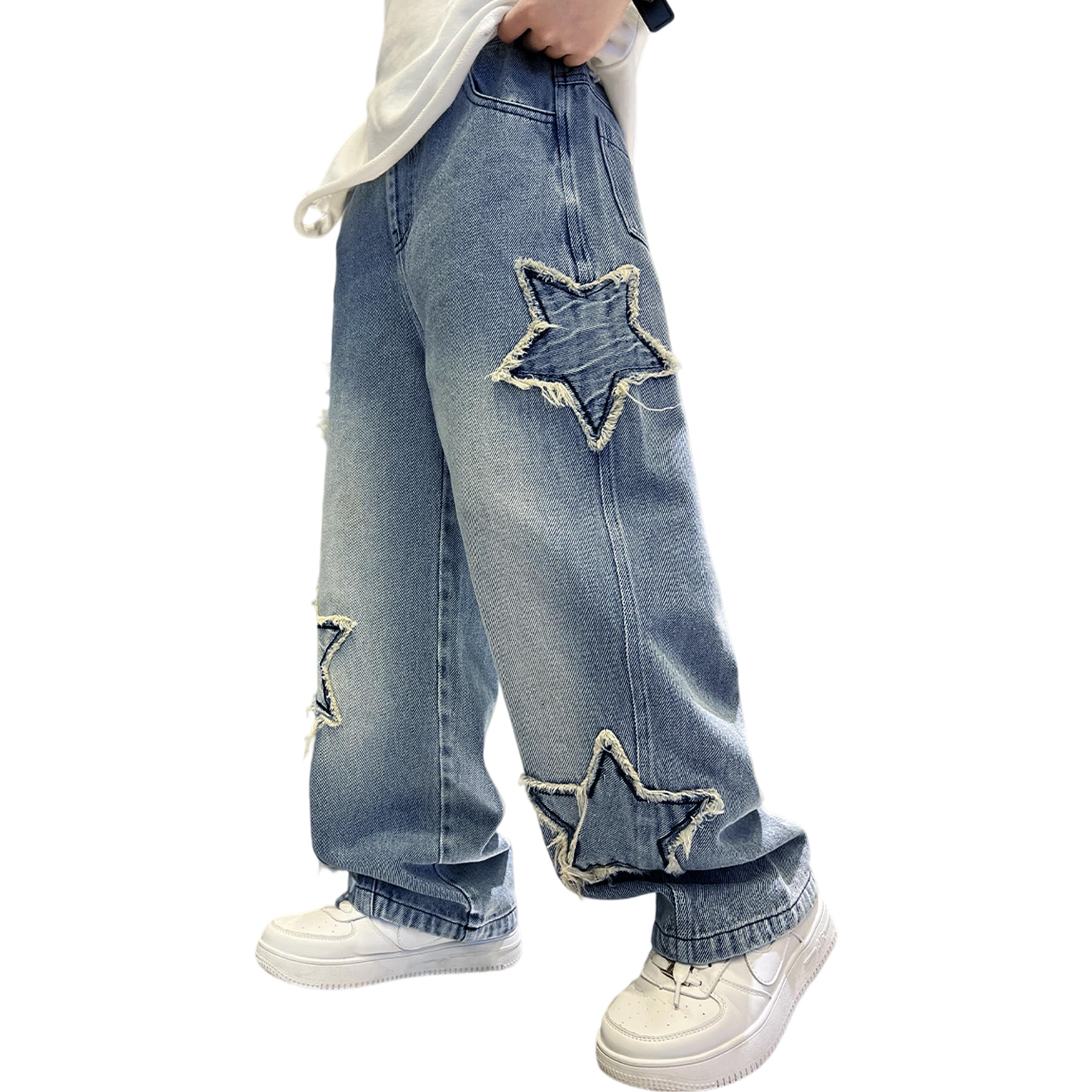 Rolanko Kids Baggy Jeans Wide Leg Elastic Waist Multi-Pockets Denim Pants