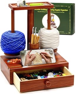 CHUAYIKNIT Wooden Yarn Holder for Crocheting and Knitting Storage Drawer | Magnetic 360 Degree Spindle Rotation, Spinner, 2 Spindles for Two Colors, Top Tray, Phone Stand, Crochet Organizer