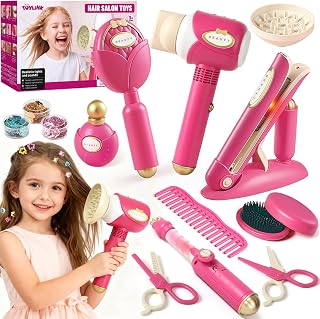 Toylink Hair Salon Toys for Girls, 21 Pcs Pretend Play Toys Hair Styling Set with Sound and Light Blow Dryer & Hair Gem Accessories, Beauty Kids Salon Playset Birthday Gifts for Toddlers 3 4 5 6 7 8+
