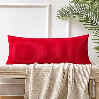 Striped Corduroy Lumbar Pillow Case Super Soft Decorative Square Cushion Cover for Sofa Bedroom Car 14x36 Red