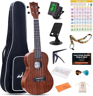 ADM Ukulele Beginner Kit Mahogany Hawaiian Wood Ukelele Bundle Ukalalee Set with Uke Free Starter Lessons for kids Students and Adults, Yellow Brown (Khaki, 23 inch)
