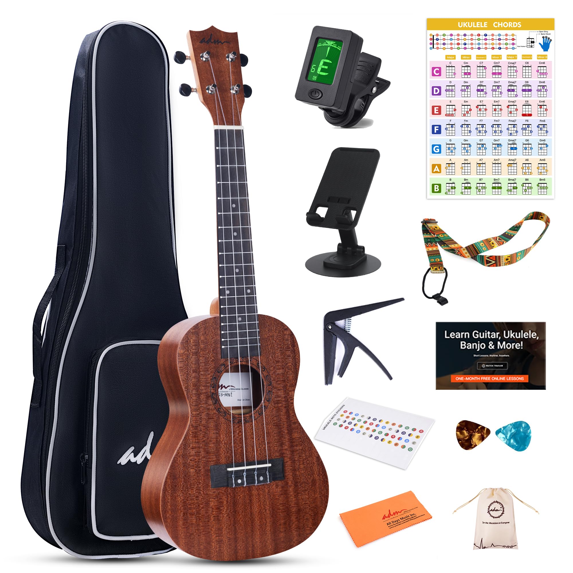ADM Ukulele Beginner Kit Mahogany Hawaiian Wood Ukelele Bundle Ukalalee Set with