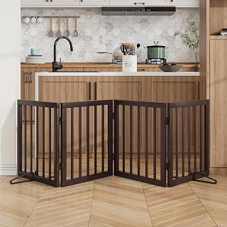 Wooden Dog Gate Foldable 4 Panel Pet Gate Freestanding Dog Gates for Doorways House Stairs Indoor 2PCS Support Feet Included