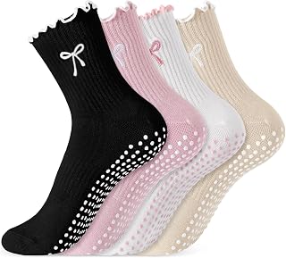 Jeyiour 4 Pairs Women Pilates Socks Non-Slip Ruffle Socks with Bow for Gymnastics Ballet Barefoot