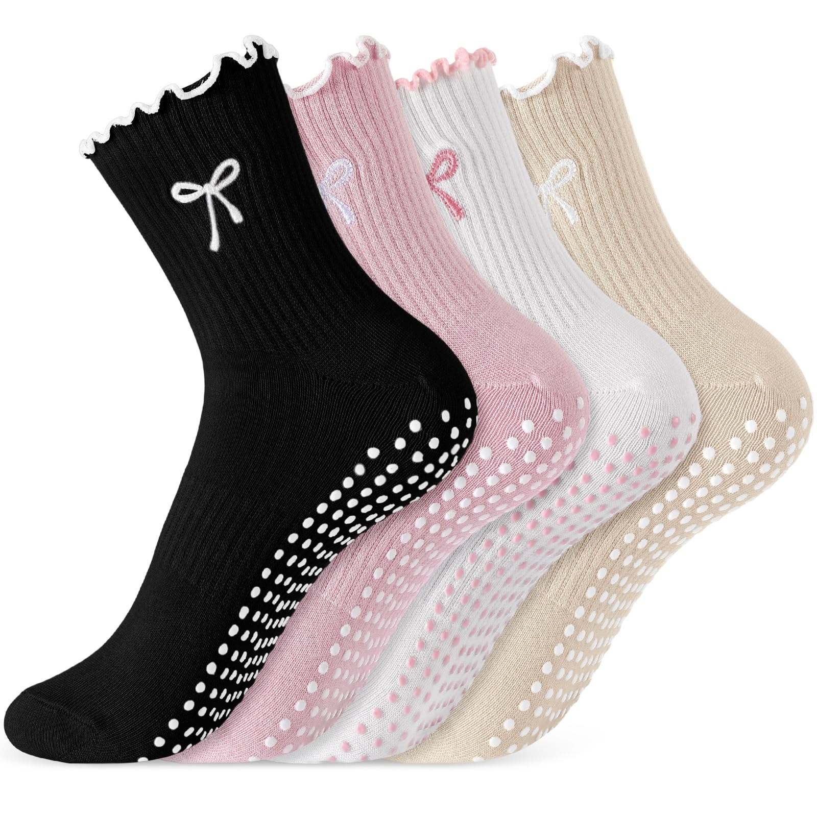 Jeyiour 4 Pairs Women Pilates Socks Non-Slip Ruffle Socks with Bow for Gymnastic