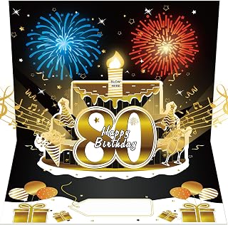 Turypaty 80th Birthday Cards Pop Up 3D Cake - Firework & Music & Blow Out Candle Light Funny Happy 80 Black Gold Birthday Card Gifts for Men, Women, Friends, Boyfriend, Dad, Mom, Husband, Wife