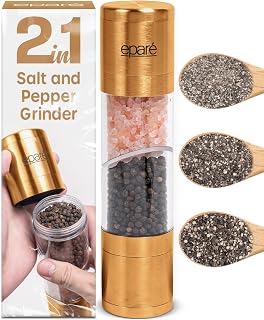 Eparé 2 in 1 Gold Salt & Pepper Grinder - Manual Brass Dual Peppermill | Refillable Durable Black Pepper Mill Grinder All in One - Space Saving & Ergonomic Pink Himalayan Salt Mill - Stainless Steel
