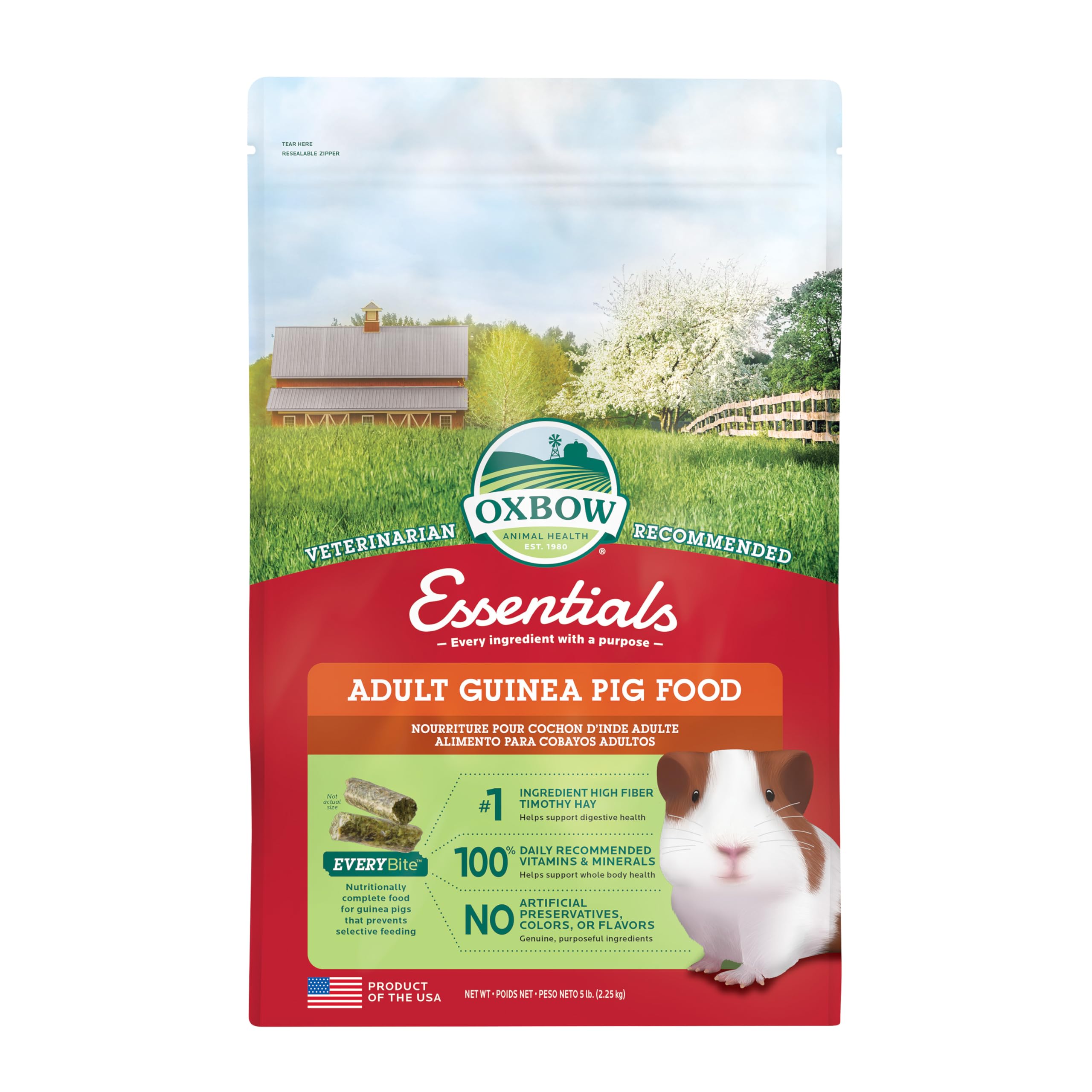 Oxbow Essentials Adult Guinea Pig Food, Timothy Hay Pellets, USA, 5 lb | Guinea 