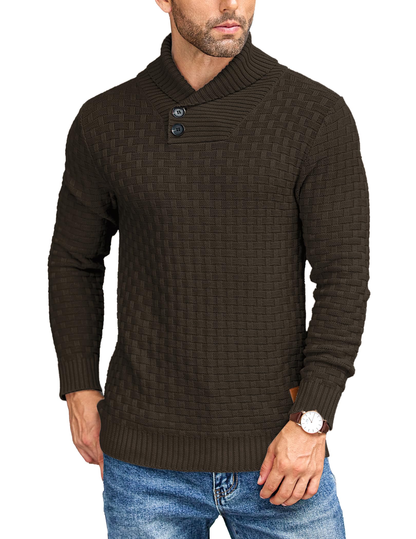 COOFANDY Suéter de punto trenzado con cuello de chal para hombre, ajuste delgado