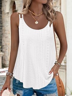 Womens Summer Tank Tops Casual Ladies Sleeveless Scoop Neck Eyelet Embroidery Loose Fit Hollow Camisoles