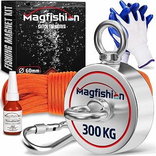 MAGFISHION Magnet Fishing Kit - 300 KG (700lb) - Ø60mm - Fishing Magnets | Super Strong Neodymium Fishing Magnet with Rope (20M), Carabiner, Gloves, Threadlocker - Magnetic Powerful Magnets