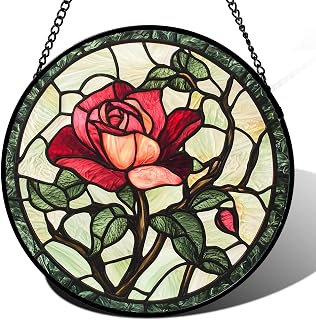 Stained Glass Window Hanging Red Rose Suncatcher Gifts for Women 15"