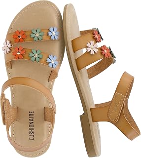 CUSHIONAIRE Cleo Girls Flower Strap Sandals Elegant Padded Footbed Adjustable Ankle Strap