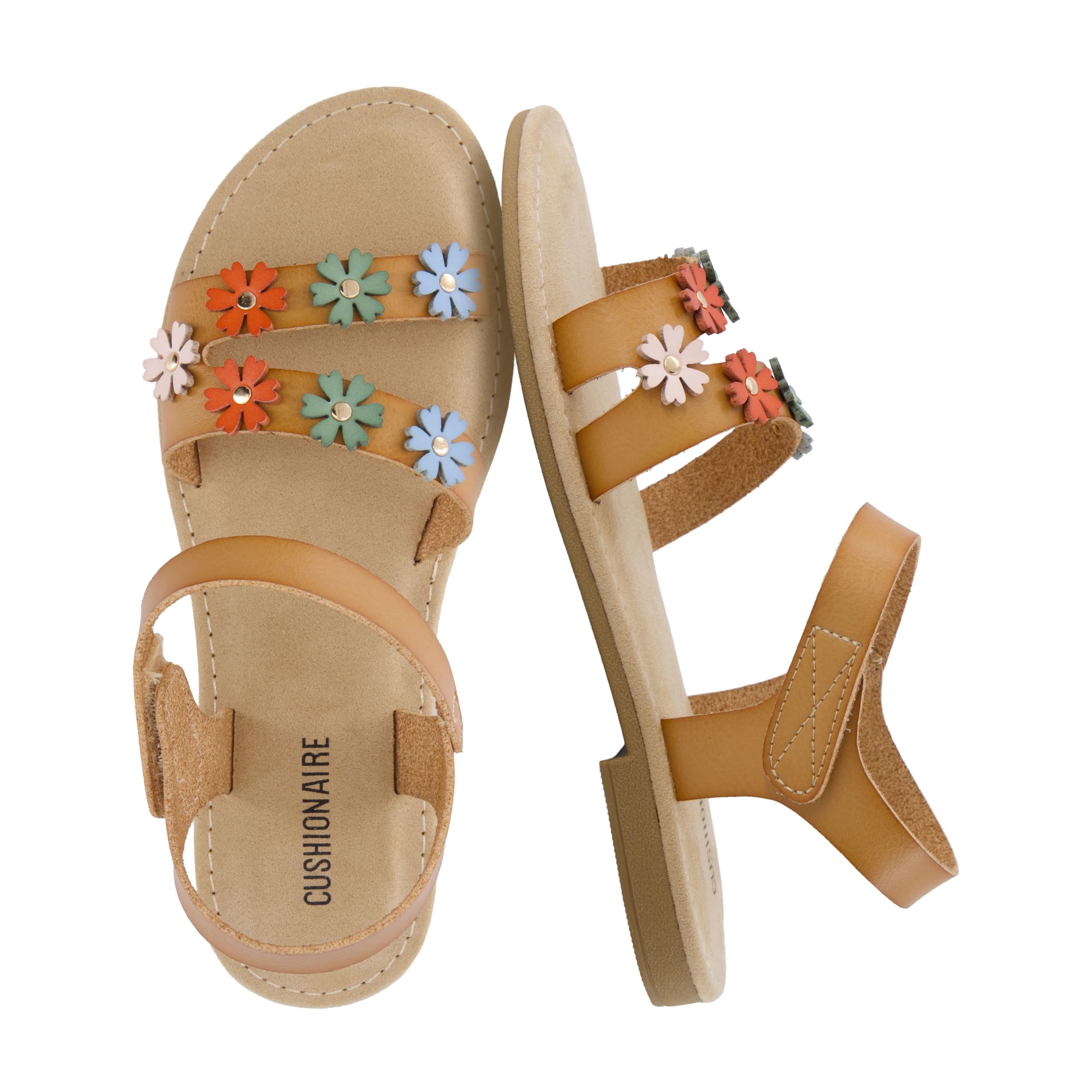 CUSHIONAIRE Cleo Girls Flower Strap Sandals Elegant Padded Footbed Adjustable An
