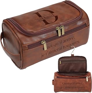 Personalised Men's Toiletry Bag, Travel Bag Engraved with Name | Toiletry Bag with Hook in PU Leather for Travel Business Gift Idea Original Dad Grandpa Peres