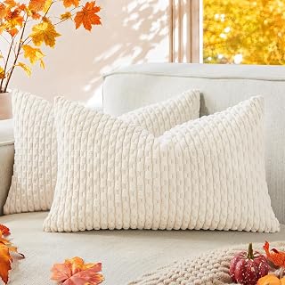 Kevin Textile Set of 2 Pillow Covers Solid Supersoft Corduroy Handmade Decorative Velvet Christmas Throw Pillow Cushion Cover for Bed 12x20 Inch Cream