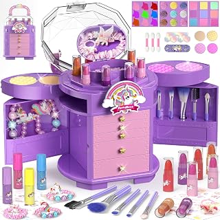 PERRYHOME Kids Makeup Set for Girls, 63 Pcs Washable Non-Toxic Real Cosmetic Toddler Makeup Kit, Unicorn Princess Play Makeup Toys Birthday Gifts, Dress up Time Girl Toys for 3 4 5 6 7 8 9 10 11 12