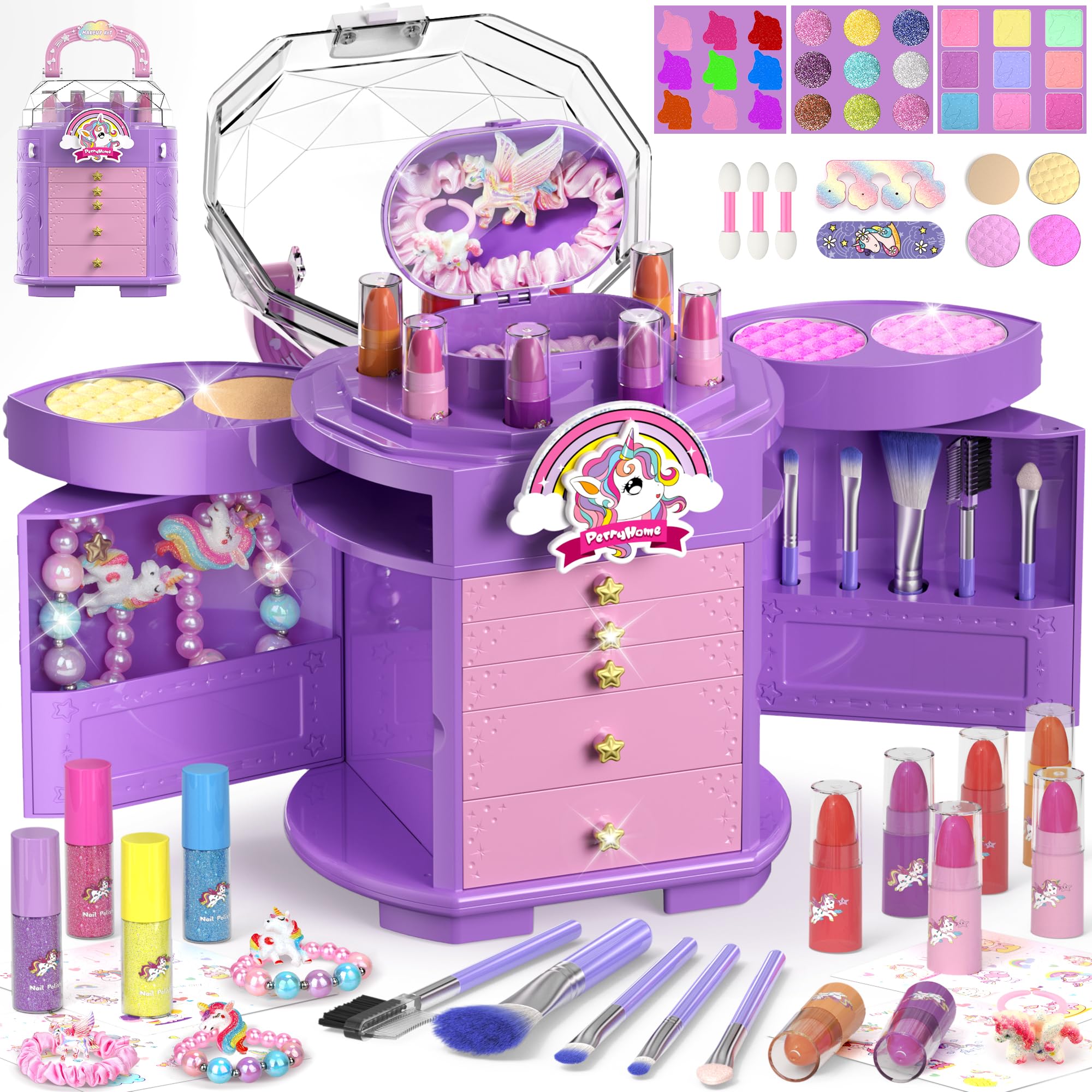 PERRYHOME Kids Makeup Set for Girls, 63 Pcs Washable Non-Toxic Real Cosmetic Tod