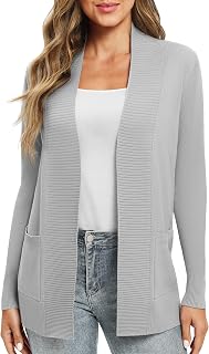 EXCHIC Women's Casual Long Sleeve Knit Cardigan Lightweight Comfortable Open Front Long Sweaters with Pockets