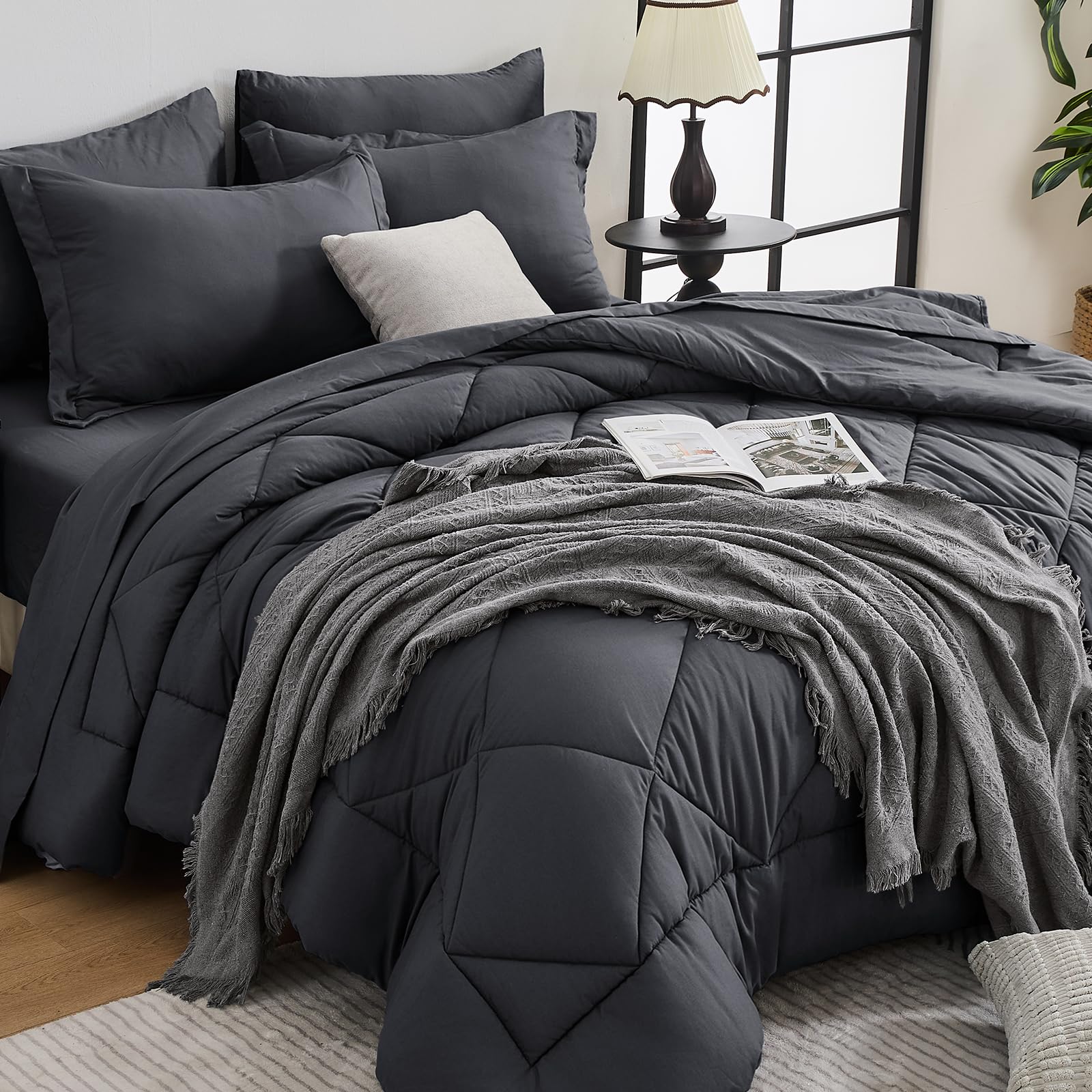 HEVUMYI 7-Piece Queen Comforter Set, Dark Grey Bed in a Bag | Reversible, All-Se