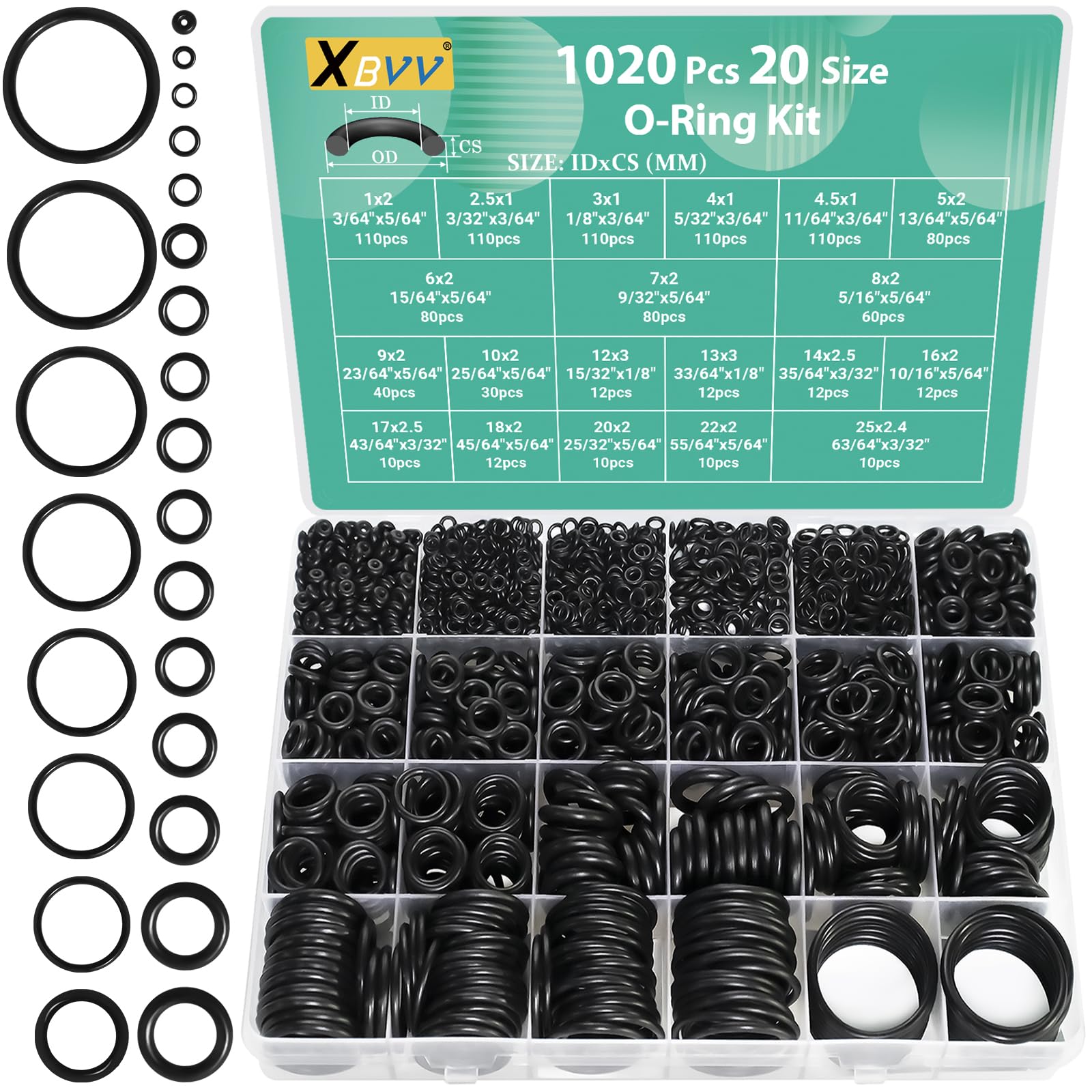 XBVV 1020 Pcs O Ring Kit 20 Size Nitrile Rubber O Ring Assortment Set for Car Au