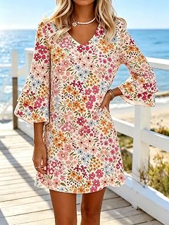 Women's Floral Print V Neck Bell Sleeve Vintage Lightweight Casual Holiday Beach Dress