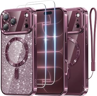 Meifigno for iPhone 18 Pro Max Case with 2X HD Tempered Glass, Burgundy | Compatible with Magsafe, Double Raised Camera Protection, with Glitter Card & Wrist Strap, Metallic-Plated Edge & Clear Back